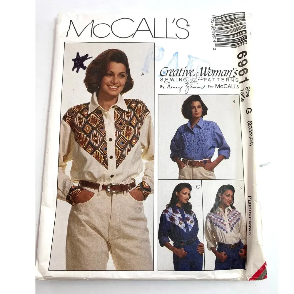 McCalls 6961 Creative Woman’s Vtg Western Shirt 20-22-24 Sewing Pattern Uncut FF